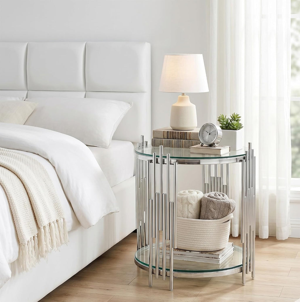 Round Glass End Table, 19.7' Circle Sofa Side Table with Silver Stainless Steel Base, Clear Glass Accent End Table Bedside Table Nightstand for Living Room Bedroom Office