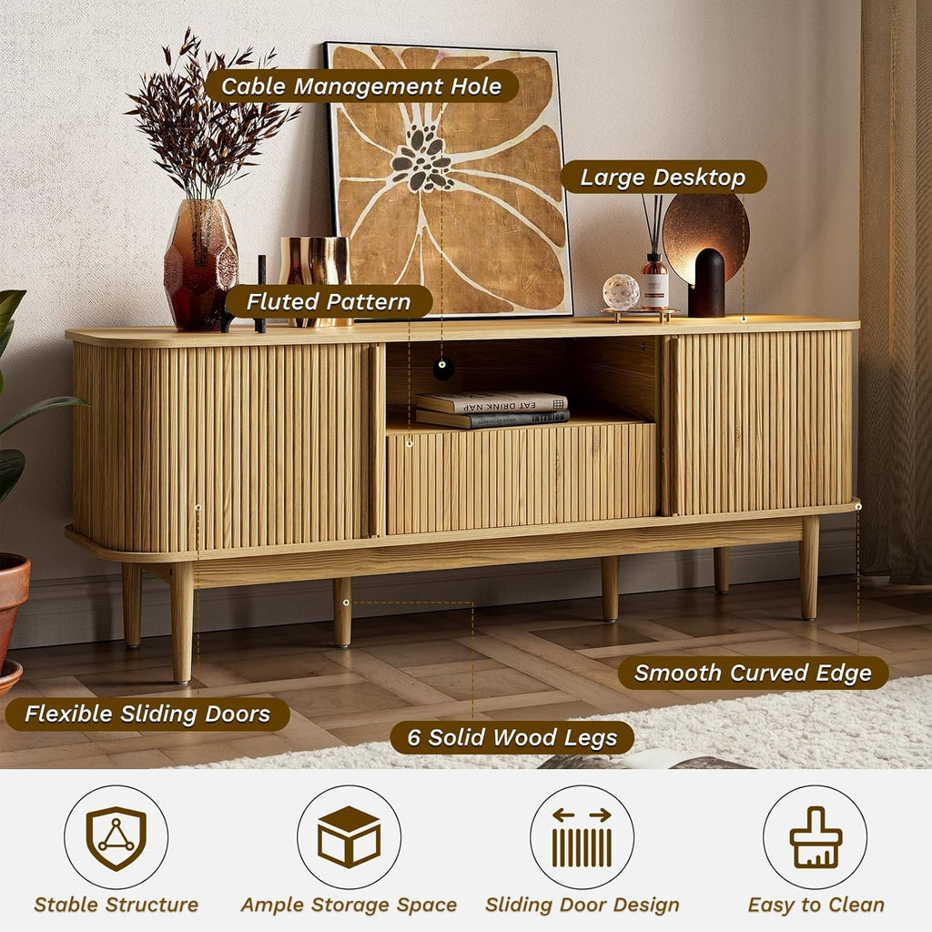 MAISONARIA Living Room Table Sets of 2, Fluted Coffee Table & Dresser TV Stand, Coffee Table with Storage, Sliding Doors TV Stand for Living Room (Natural)