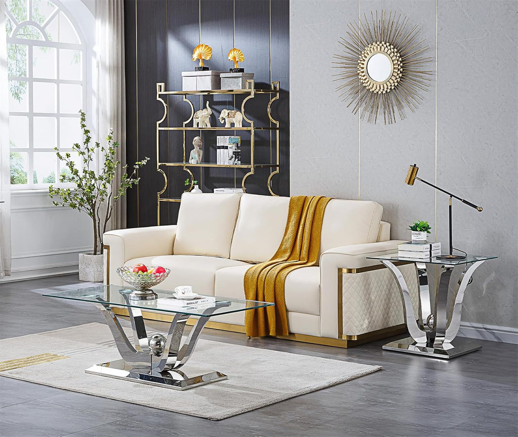 Glass Coffee Table Set of 3, Silver Coffee Table with 2 Square End Side Tables, Modern 3 Piece Living Room Table Set with Gorgeous Stainless Steel Frame for Apartment Home Office,Easy Assembly