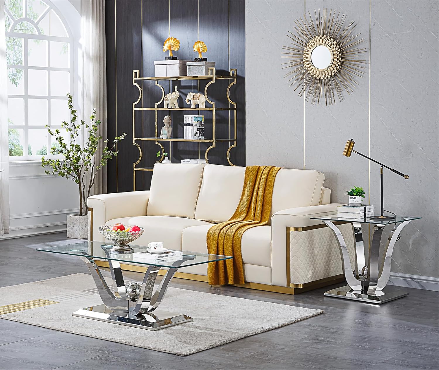 Glass Coffee Table Set of 3, Silver Coffee Table with 2 Square End Side Tables, Modern 3 Piece Living Room Table Set with Gorgeous Stainless Steel Frame for Apartment Home Office,Easy Assembly