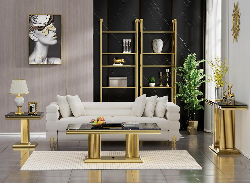 3 Pieces Living Room Table Set, Faux Marble Coffee Table Set of 3, Modern Coffee Table, Console Table and End Table with Column-Shaped Stainless Steel Base for Living Room Office Black Gold