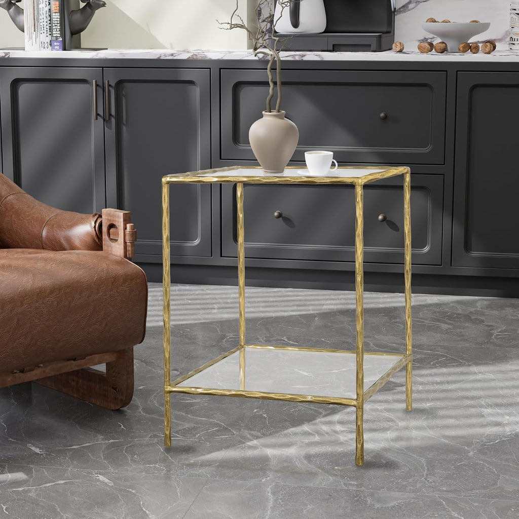 BEGINS Hand Forged Side Table 2 Tier, Vintage End Table Glass Top Coffee Table, Accent Table with Solid Hammered Frame, Suitable for Living Room, Bedroom, Study Room, Entryway (Gold, Square)