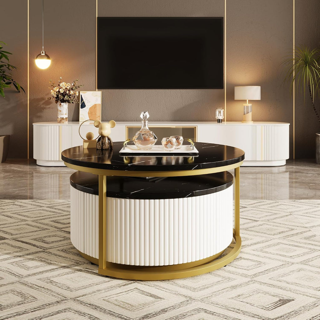 Lift Top Nesting Coffee Table Set of 2, 31.5' Modern Round Coffee Table with Drawer, Circular Wood Center Table Set for Living Room, Apartment, Black & Gold