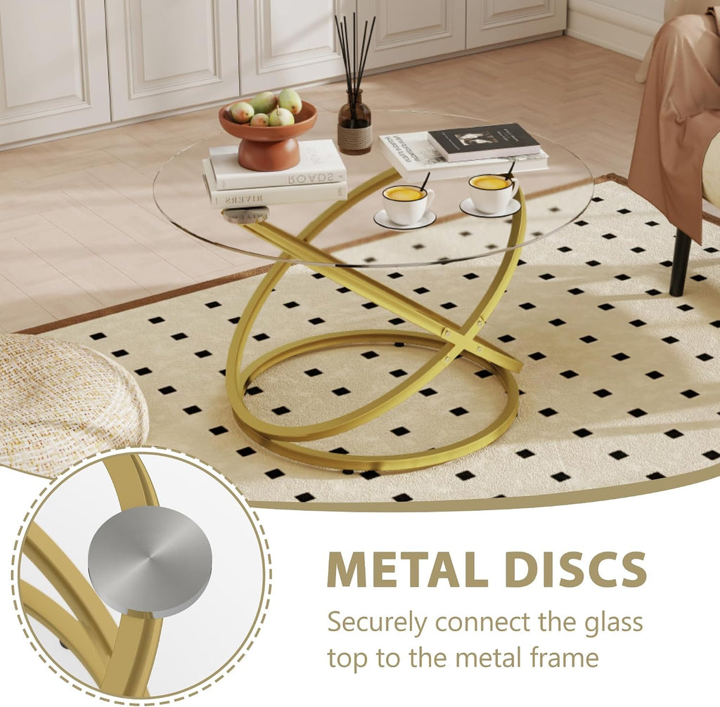 Glass Coffee Table, Round Coffee Table with Ring Gold Metal Frame, Large Modern Minimalist Coffee Table for Decoration, Coffee Tables for Living Room, Study Room, Office
