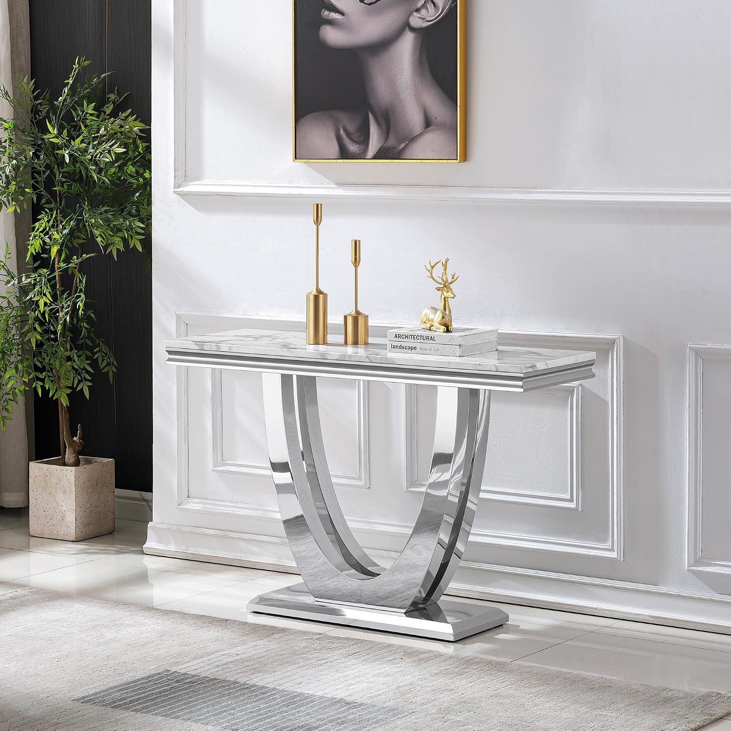 White Silver Console Table, 47' Faux Marble Entryway Table Narrow Long Sofa Table, Modern Accent Table Luxury Rectangle Behind Sofa Entrance Table Foyer Hallway Table for Living Room