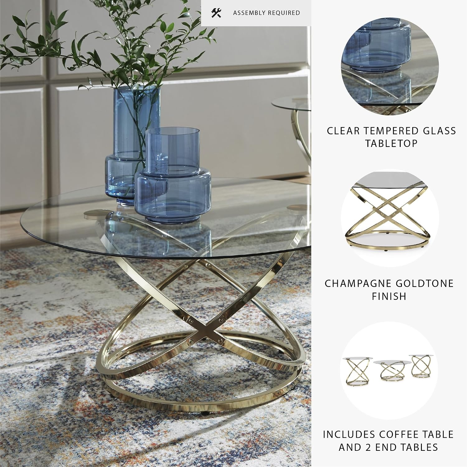 Signature Design by Ashley Crimonti Modern Table with Tempered Glass, Set of 3, Metallic & Clear
