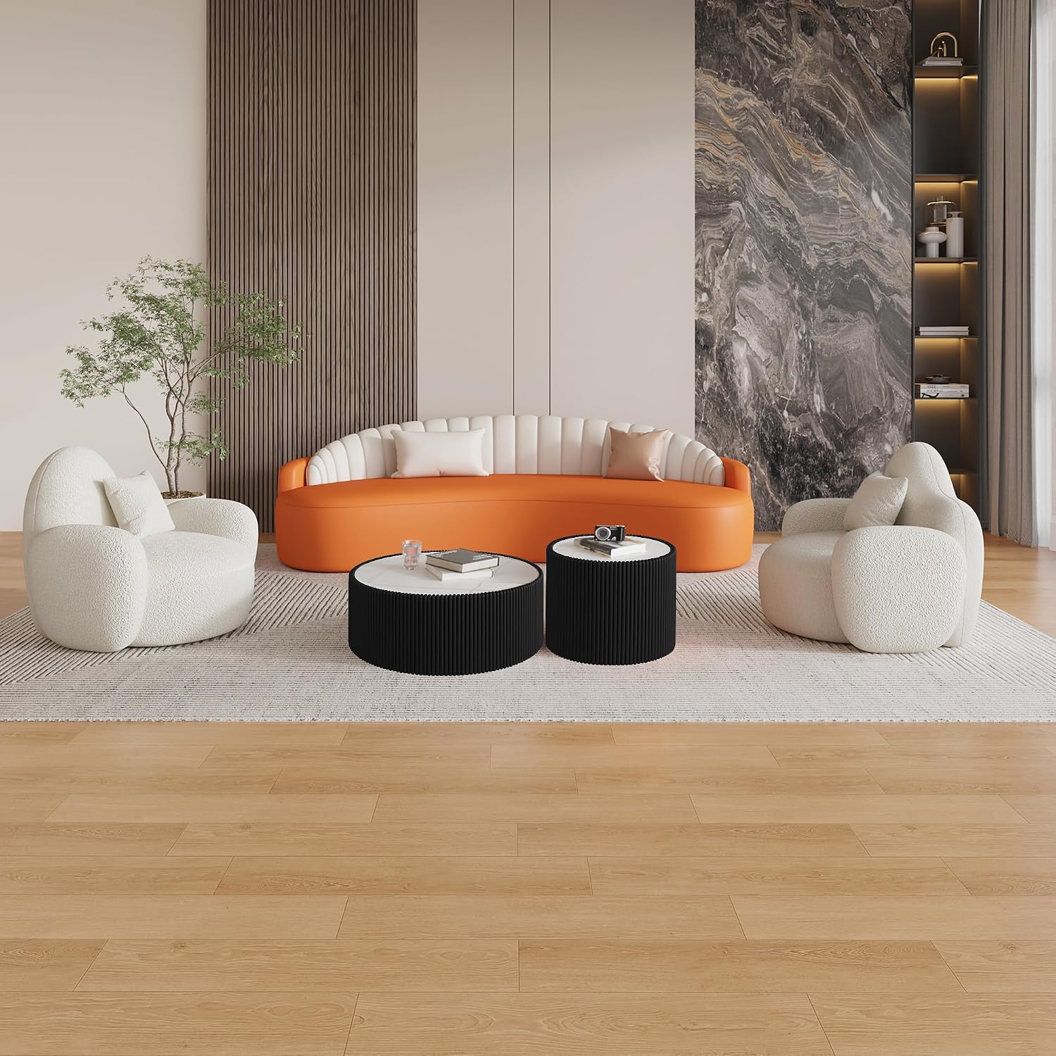 29.5 Inch Gold Pattern Sintered Stone Top & PU Leather Base Cylinder Coffee Table, Modern Drum Shape Side Table, No Assembly Black