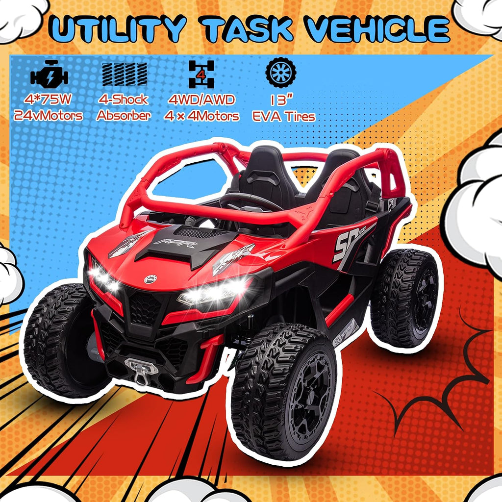 wanan XL 24V 10AH Ride on Toys for Big Kids Real 2-Seater, 4x4 4WD Motor Ride on Car Kid UTV for Kids 3-8, Remote Control, Bluetooth Music, 4 Spring Suspension, 22' Spacious Seats (Red)