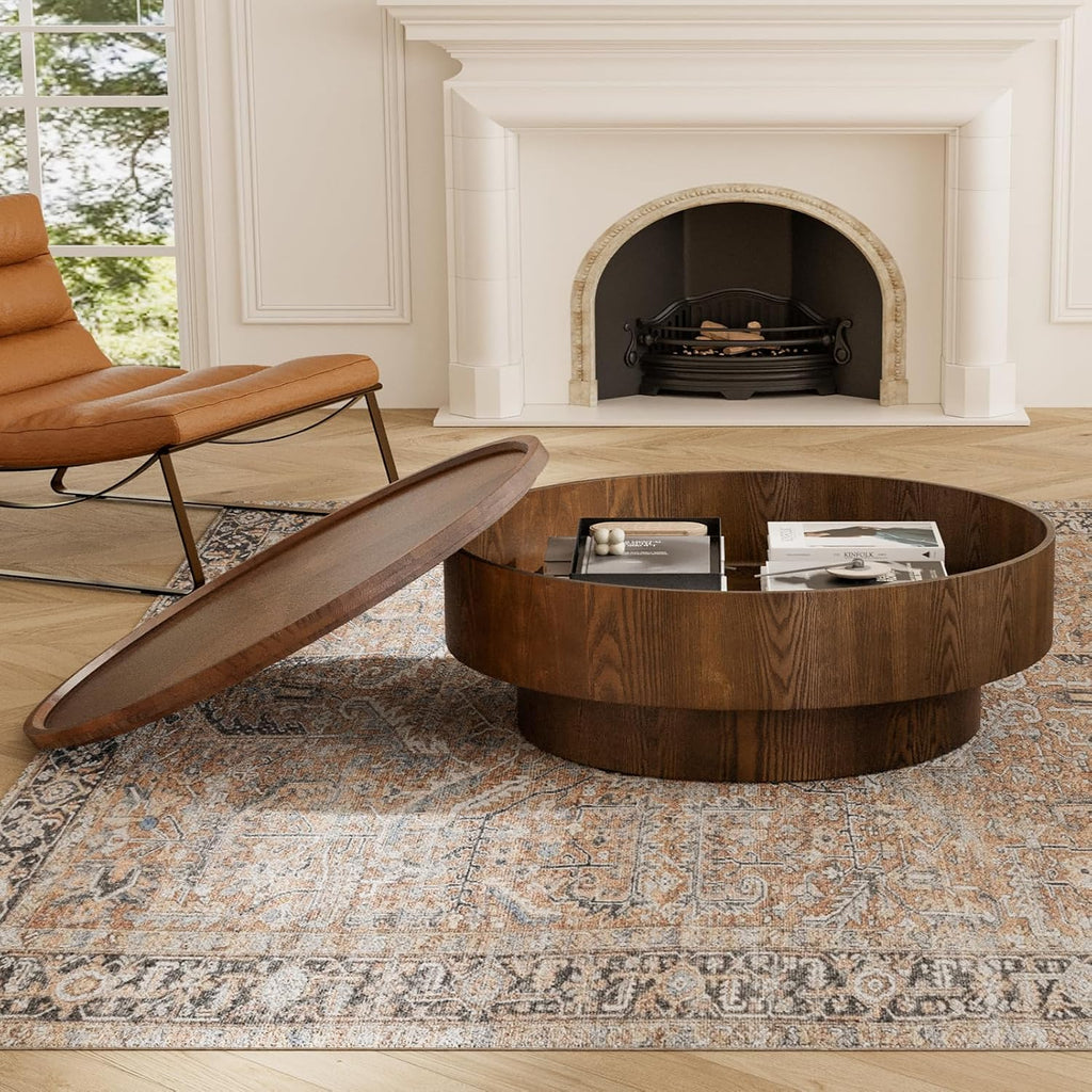 39.4'' Round Storage Coffee Table, Modern Drum Coffee Tables with Solid Wood Veneer, Wooden Circle Center Table for Living Room, Small Spaces, and Apartments, Easy Assembly