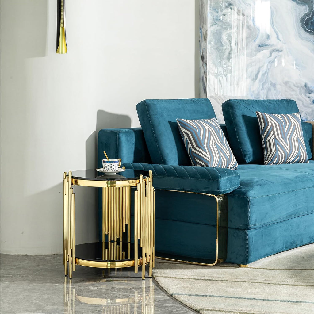 17.72' Black and Gold Tempered Glass Coffee Table with Storage, Luxury Circle Center Table with Shelf, 2 Tier Round CoffeeTable for Living Room Modern Mirror CoffeeTable, Circular Stainless Steel Base