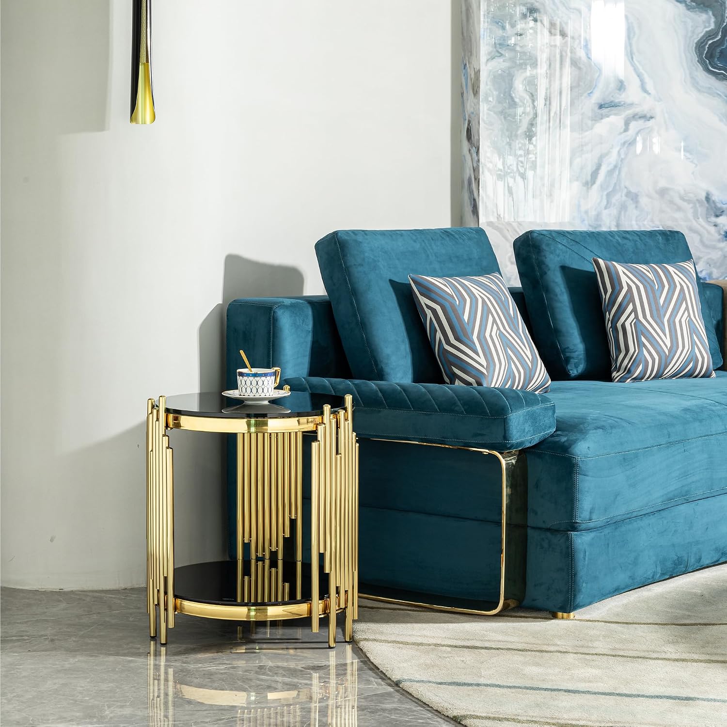 17.72' Black and Gold Tempered Glass Coffee Table with Storage, Luxury Circle Center Table with Shelf, 2 Tier Round CoffeeTable for Living Room Modern Mirror CoffeeTable, Circular Stainless Steel Base