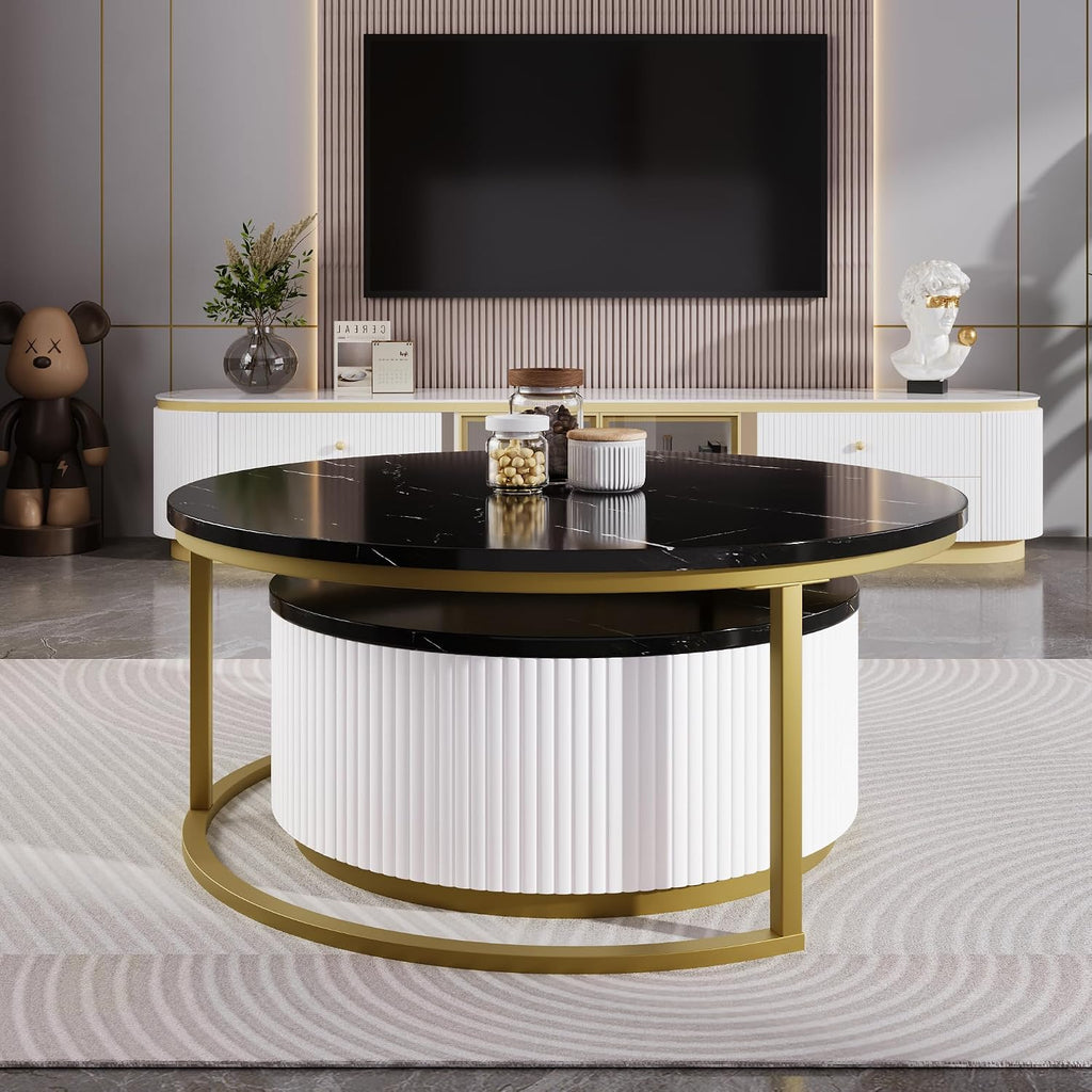 27.6' Lift-Top Nesting Coffee Table Set of 2, Modern Round Coffee Table with Drawer, Circular Wood Center Table Set for Living Room, Apartment, Black & Gold