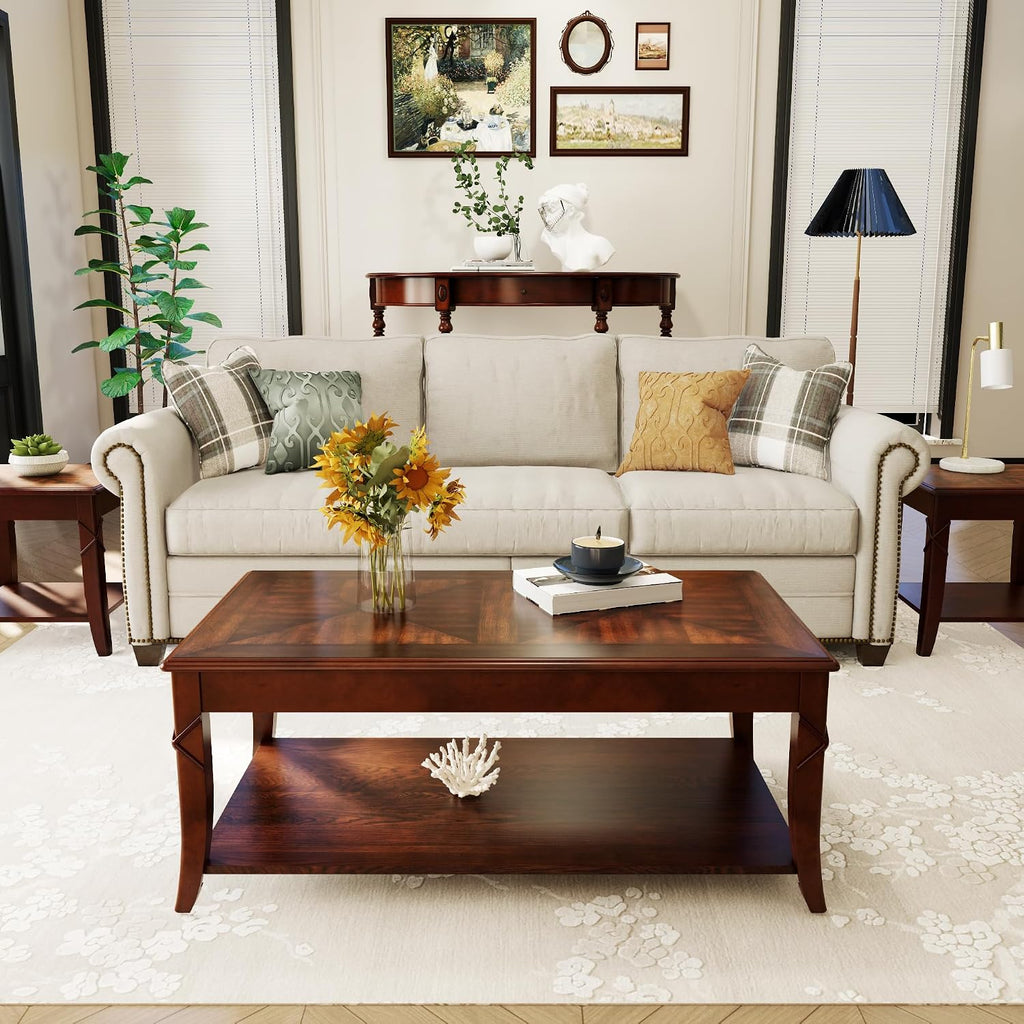 Mid-Century Modern Living Room Coffee Table Set, 2-Piece Solid Wood Living Room Table Set, 1 Solid Wood Coffee Table with Storage Shelf and 1 End Table, Cherry Walnut KFZ-DR200-2