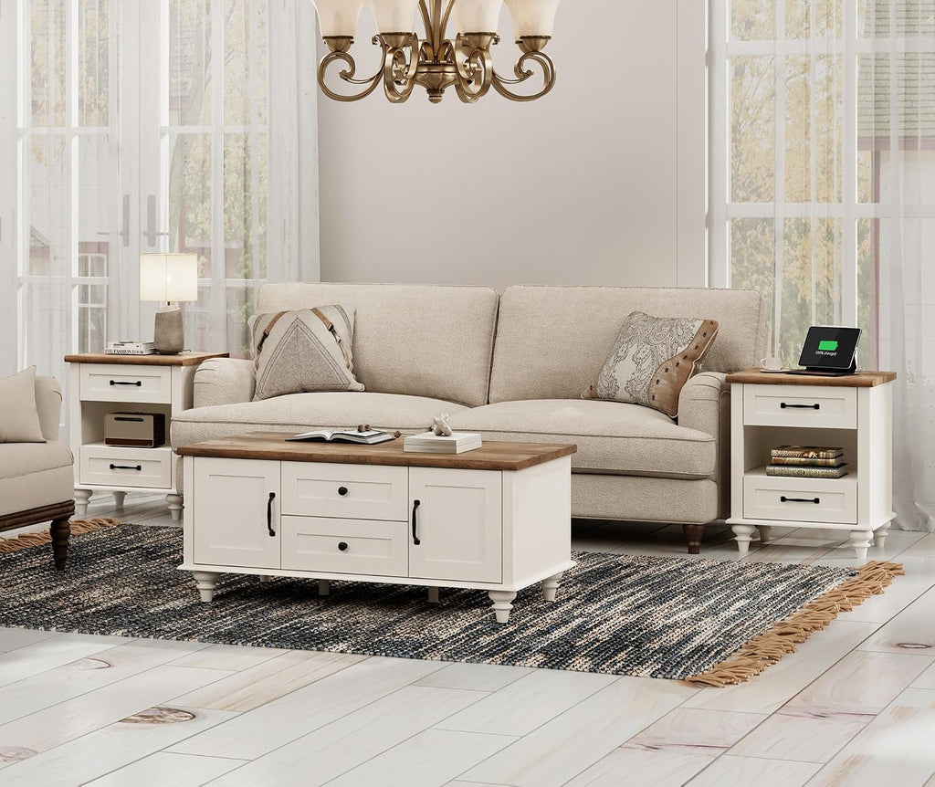 WAMPAT White Coffee Table Set of 3, One Wood Center Table with Drawers, 2 End Side Tables with Charging Station, 3 Pieces Living Room Table Set