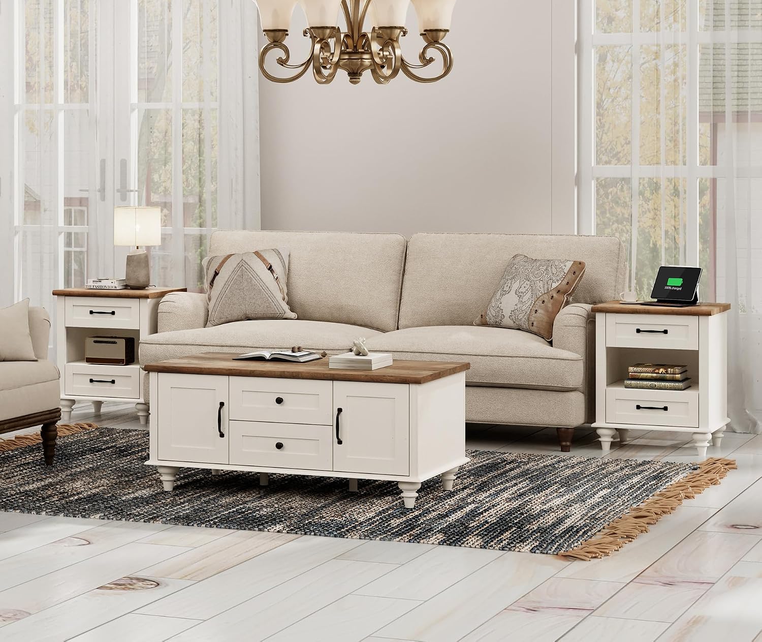 WAMPAT White Coffee Table Set of 3, One Wood Center Table with Drawers, 2 End Side Tables with Charging Station, 3 Pieces Living Room Table Set