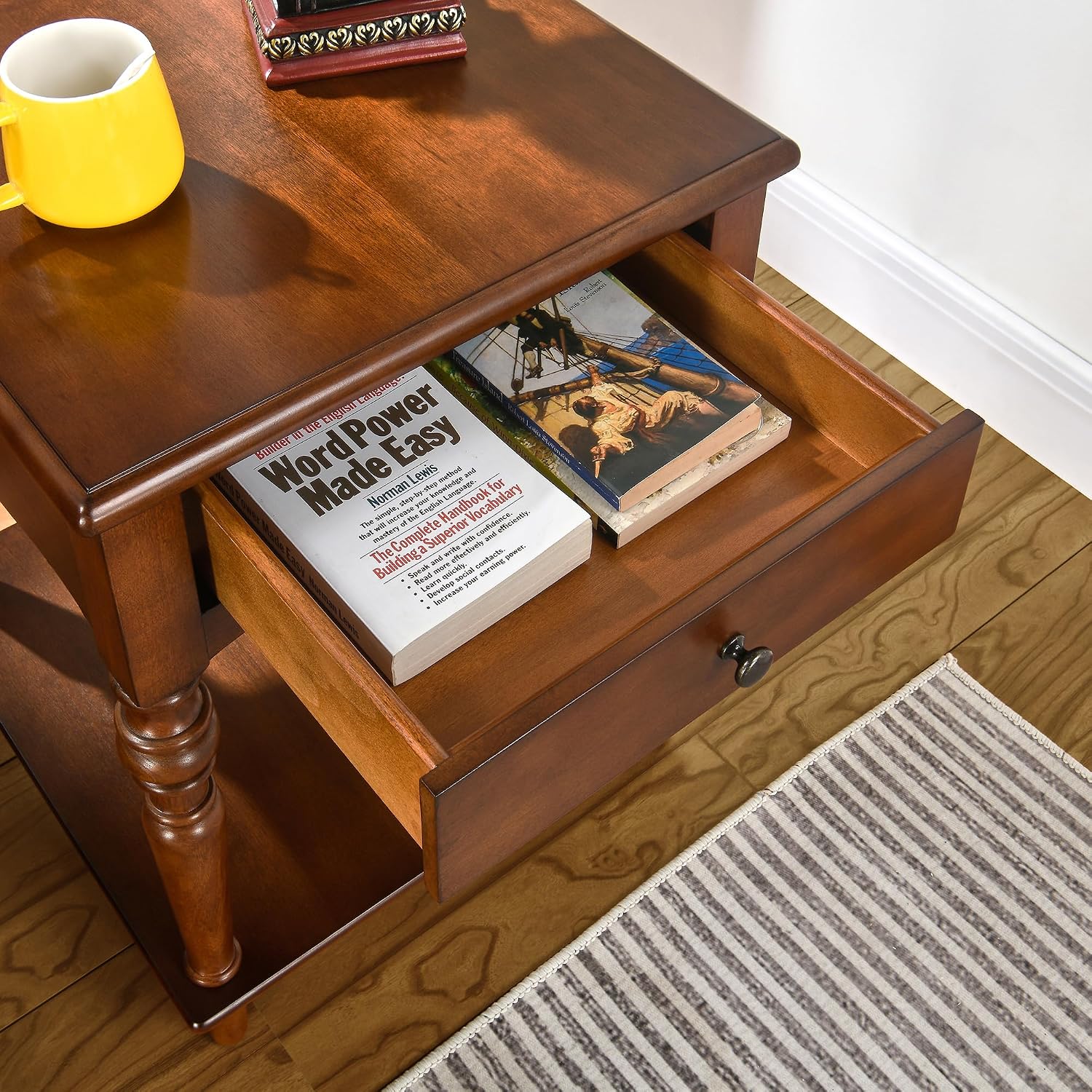 Living Room Table Set-One Rectangular Coffee Table and Two Square End Tables with Storage Drawer, Elegant Vintage Sofa Center Table with Wood Carved legs, No-Tools Assembly, Caramel Brown KFZ-CJZ-C008
