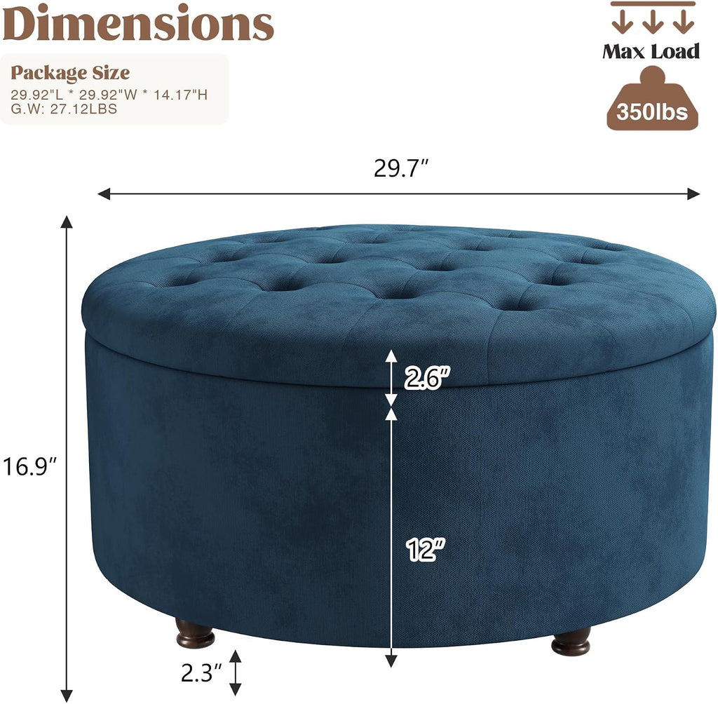 30 Inch Round Storage Ottoman,Modern Blue Tufted Ottomans,Circular Coffee Table with Removable Top,Upholstered Large Ottoman with Storage Footrest Stool for Bedroom Living Room (Blue)