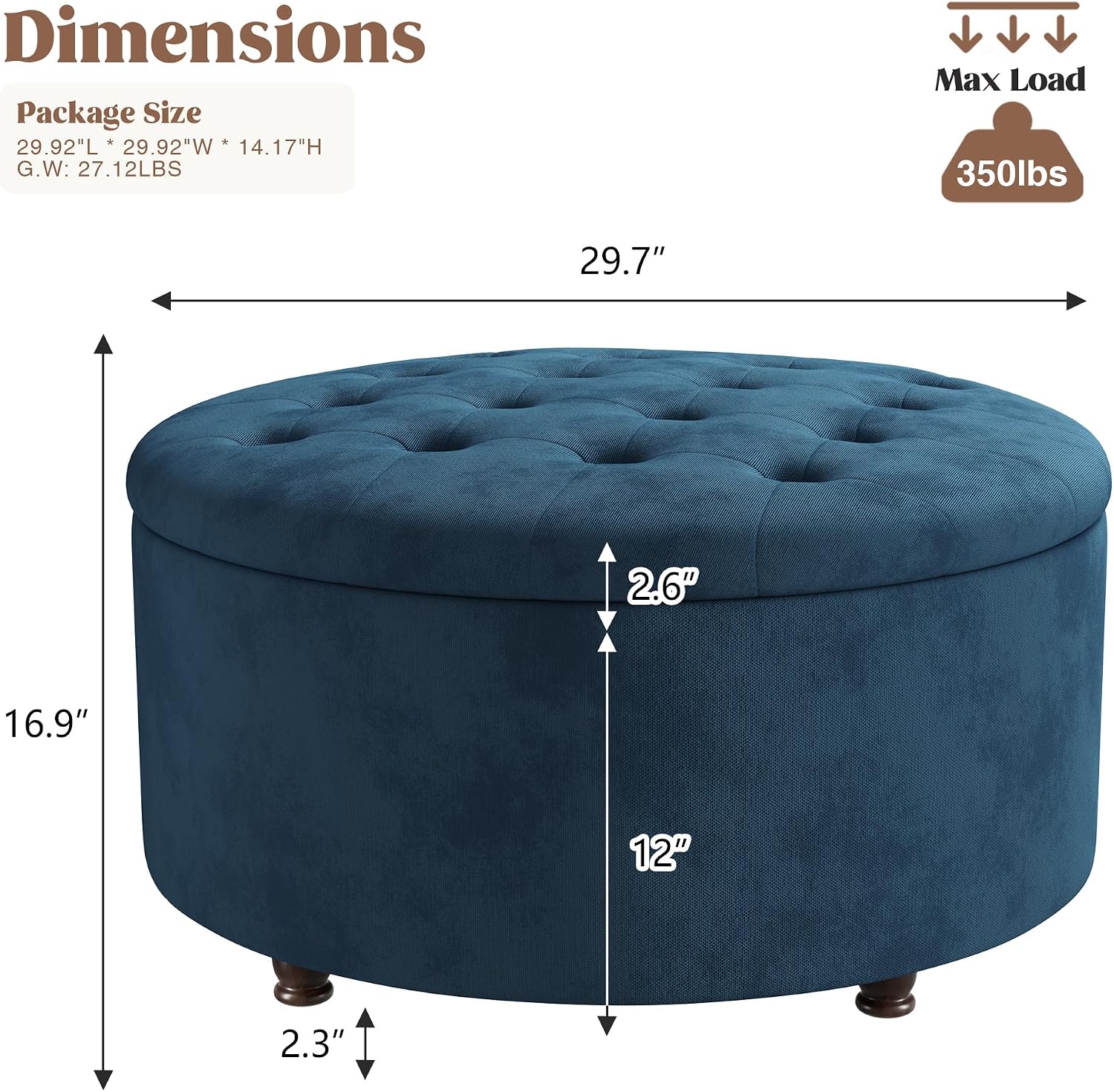 30 Inch Round Storage Ottoman,Modern Blue Tufted Ottomans,Circular Coffee Table with Removable Top,Upholstered Large Ottoman with Storage Footrest Stool for Bedroom Living Room (Blue)