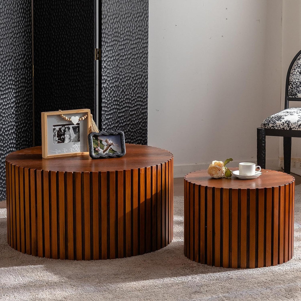 KEVINSPACE Nesting Coffee Table Set of 2 Circle CoffeeTable Modern NestingTables for Living Room Round Fluted Wooden CoffeeTabl No Need Assembly for Bedroom Balcony Lounge 47.25' Walnut