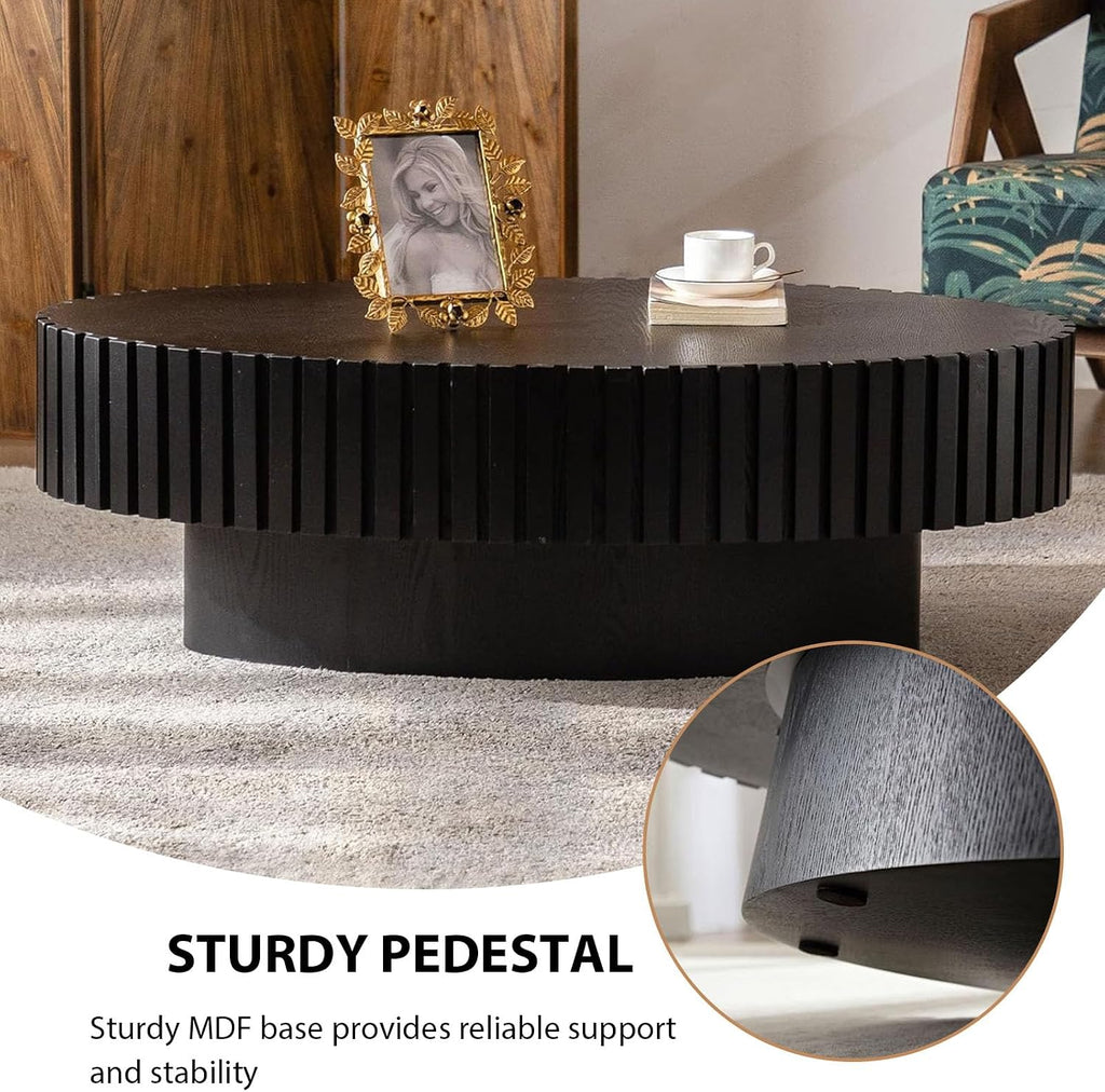 Oval Coffee Table, Handcrafted Fluted Drum Coffee Tables Modern Wood Coffee Table Drum Center Table for Living Room, Apartment (Oval Black)