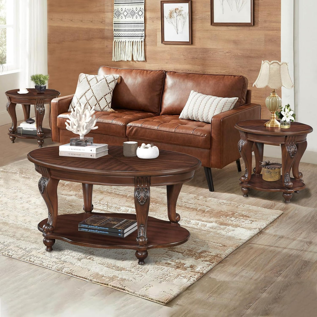 Wood Coffee Table Set for Living Room Round End Tables Set of 2, Antique Coffe Table Legs with Elegant Carvings, Cherry