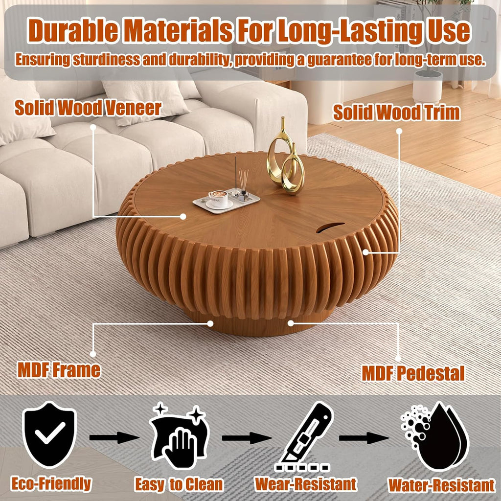 31.5' Round Drum Coffee Table with Hidden Storage, Modern Fluted Coffee Tables with Solid Wood Veneer, Wooden Circle Center Table for Living Room, Small Spaces, and Apartments, Easy Assembly