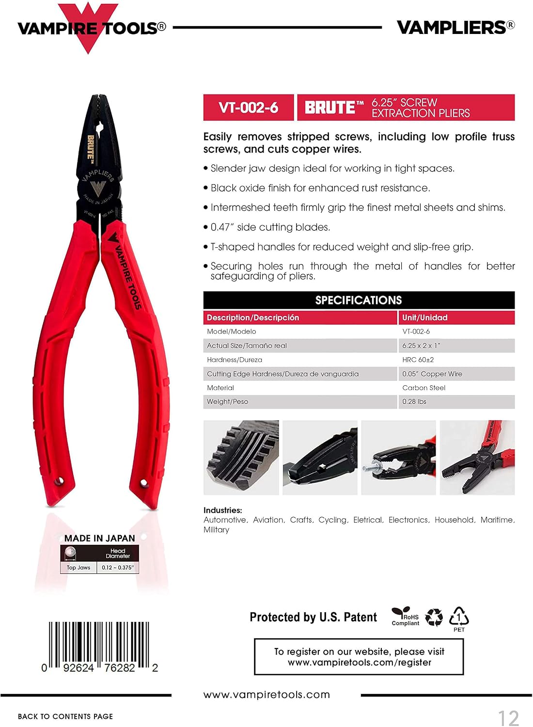 VAMPLIERS 3-PC Specialty Screw Extraction Pliers Set. Includes 8' PRO Linesman Pliers + JAWZ 7.5' Vise-Grip Locking Pliers + BRUTE 6.25' Black Oxide Finish Pliers: VT-002-S3B.