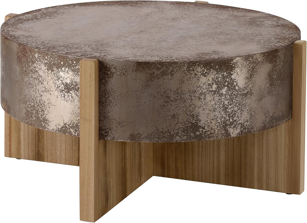 Christopher Knight Home Ember Rustic Coffee Table, 33' Modern Round Wood Accent Table with Burnt Legs, Indoor Living Room Side Table, Wooden End Table with Cross Base, Easy Assembly, Natural + Rustic