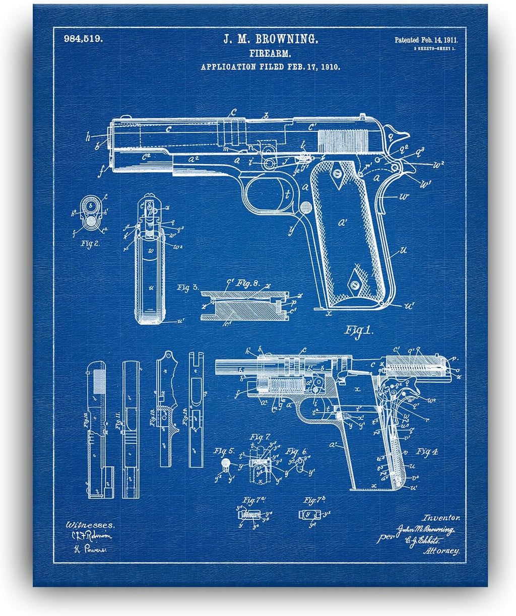 Personal-Prints Firearm Patent Art | Vintage Wall Art, Office, Bedroom Decor | 2nd Amendment & Choice of Unique Gun Art Gifts | USA Made (2 Piece Set, Blueprint, 16'x20' Stretched Canvas)