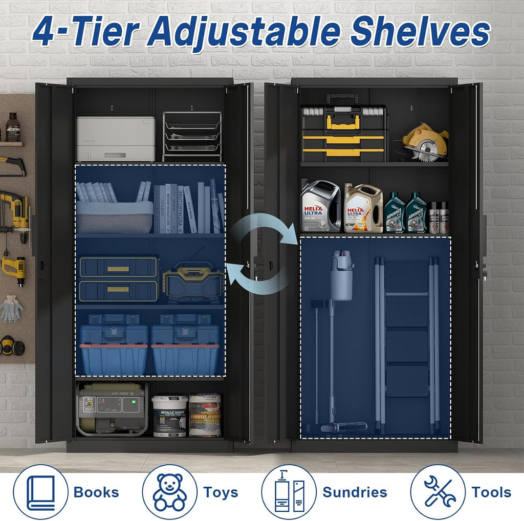 71' H Locking Cabinets, 16.5'' Deep Metal Garage Storage Cabinet with Doors and Shelves, Balck Cabinets for Garage, Kitchen, Office