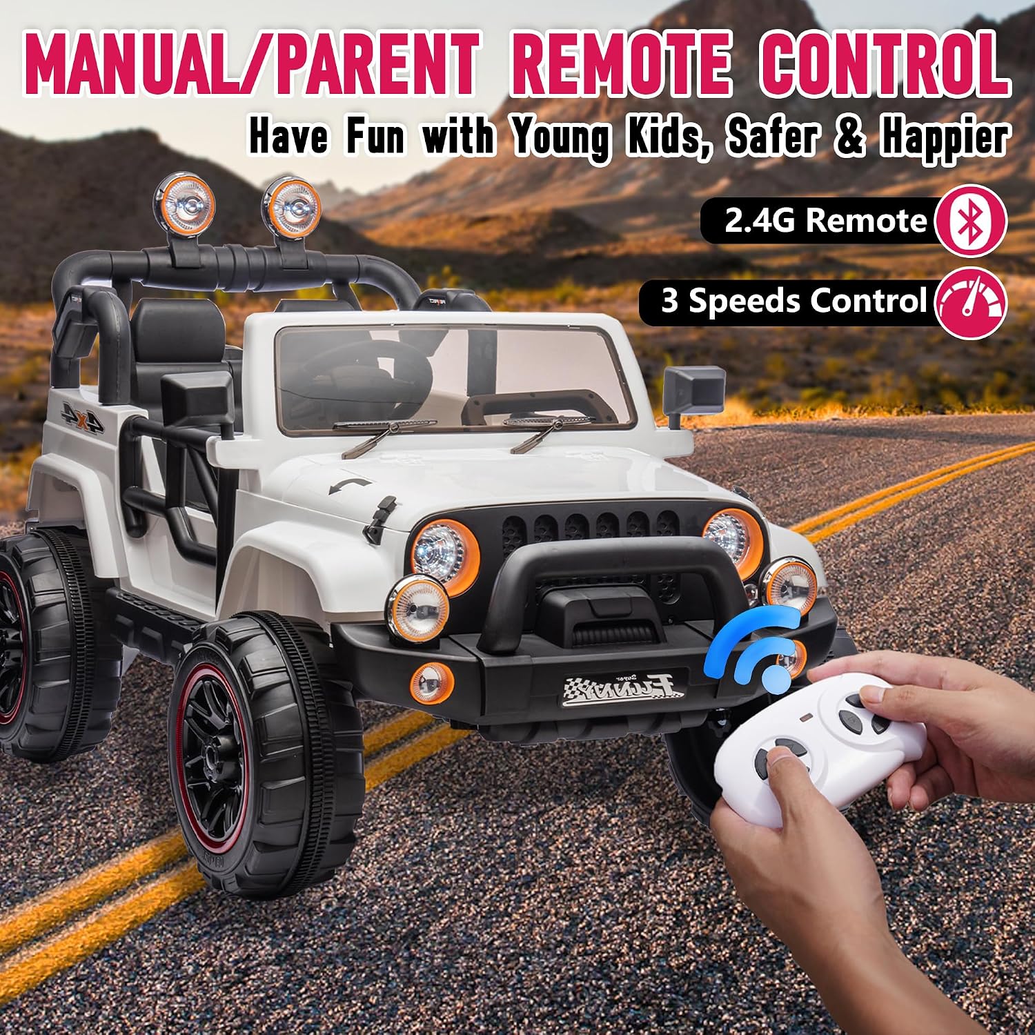 24V XL Kids Electric Ride on Truck Car 2 Seater Remote Control for Toddlers 2-8, 160W 2 Motors 5MPH Max Speed, Bluetooth USB Music Player, LED Lights Safety Belt, Gift for Boys Girls, White