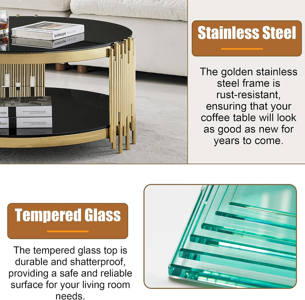 Round Glass Coffee Table Set of 3, Gold Living Room Table Set with Coffee Table and 2 End Table, 2-Tier Glass Table with Stainless Steel Legs and Black Tempered Glass for Living Room
