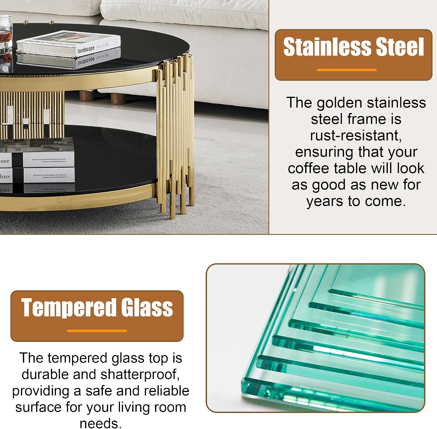 Round Glass Coffee Table Set of 3, Gold Living Room Table Set with Coffee Table and 2 End Table, 2-Tier Glass Table with Stainless Steel Legs and Black Tempered Glass for Living Room