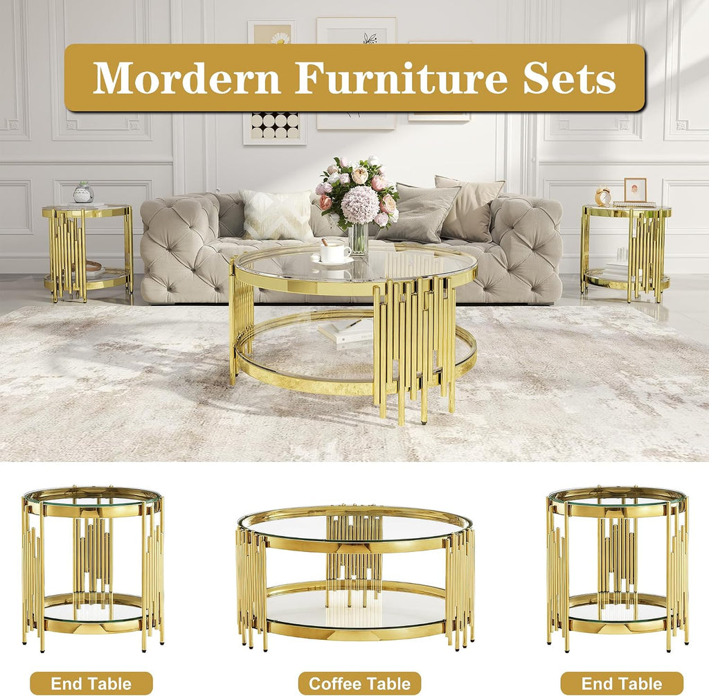 Round Glass Coffee Table Set of 3, Gold and Clear Modern Living Room Table Set, Includes 1 Coffee Table, 2 End Tables, Gold Stainless Steel Base Tempered Glass Top, Luxury Furniture for Home Office