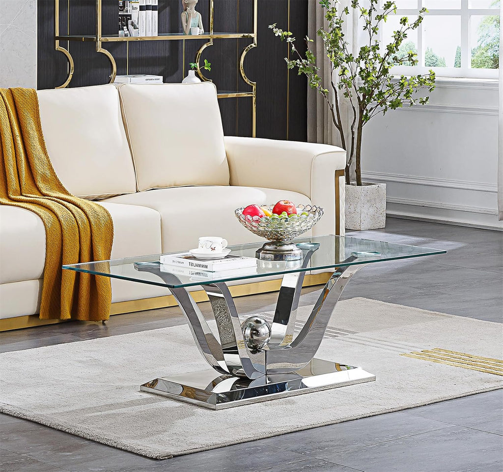 Luxury Glass Coffee Table Set of 2 Piece Silver Living Room Table Set of 2 Including Coffee and End Table Set, Gorgeous Stainless Steel Frame, Clear Glass Top for Living Room Home Office Apartment