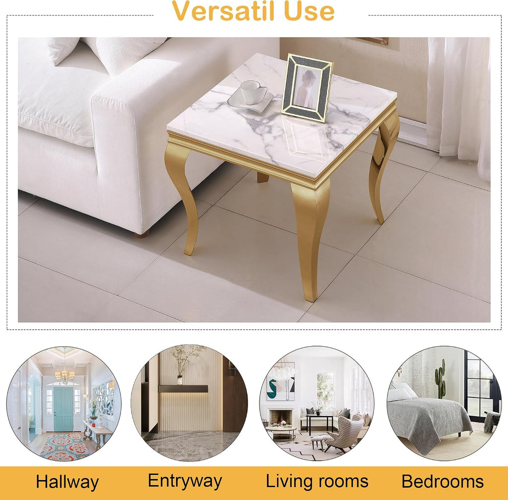 Luxury Marble End Table Modern White Suqare Side Table with Gold Stainless Steel S-Legs, Faux Marble End Table Nightstand Bedside Table Lamp Table for Living Room, Bedroom, Home Office