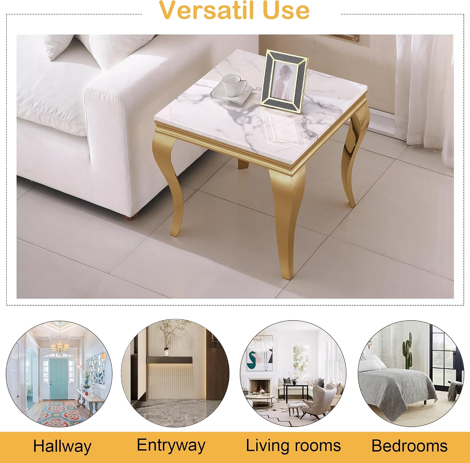 Luxury Marble End Table Modern White Suqare Side Table with Gold Stainless Steel S-Legs, Faux Marble End Table Nightstand Bedside Table Lamp Table for Living Room, Bedroom, Home Office
