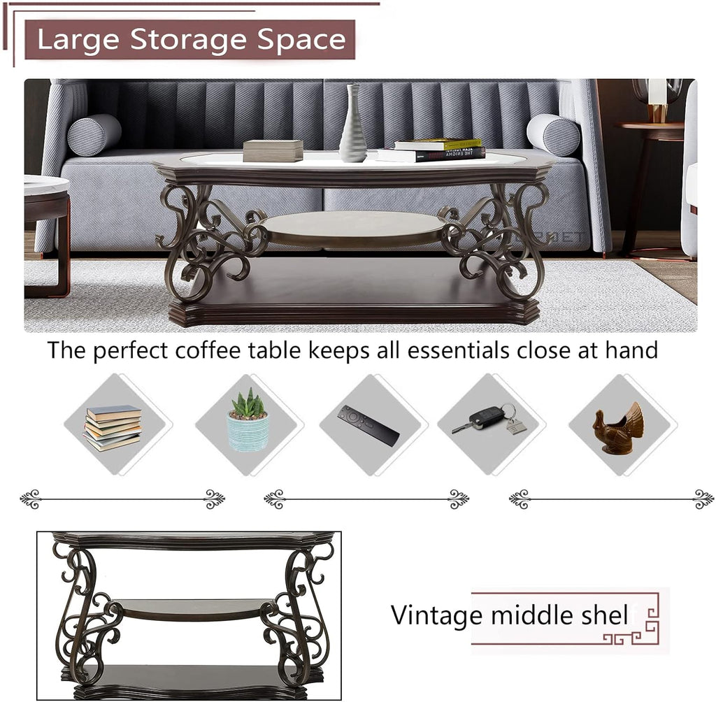 Elegant Retro Coffee Table, 3-Tier Traditional Rectangle Cocktail Table with Tempered Glass Top, Mid-Marble Shelf, Vintage Living Room Accent Sofa Table for Home Office, Easy Assembly
