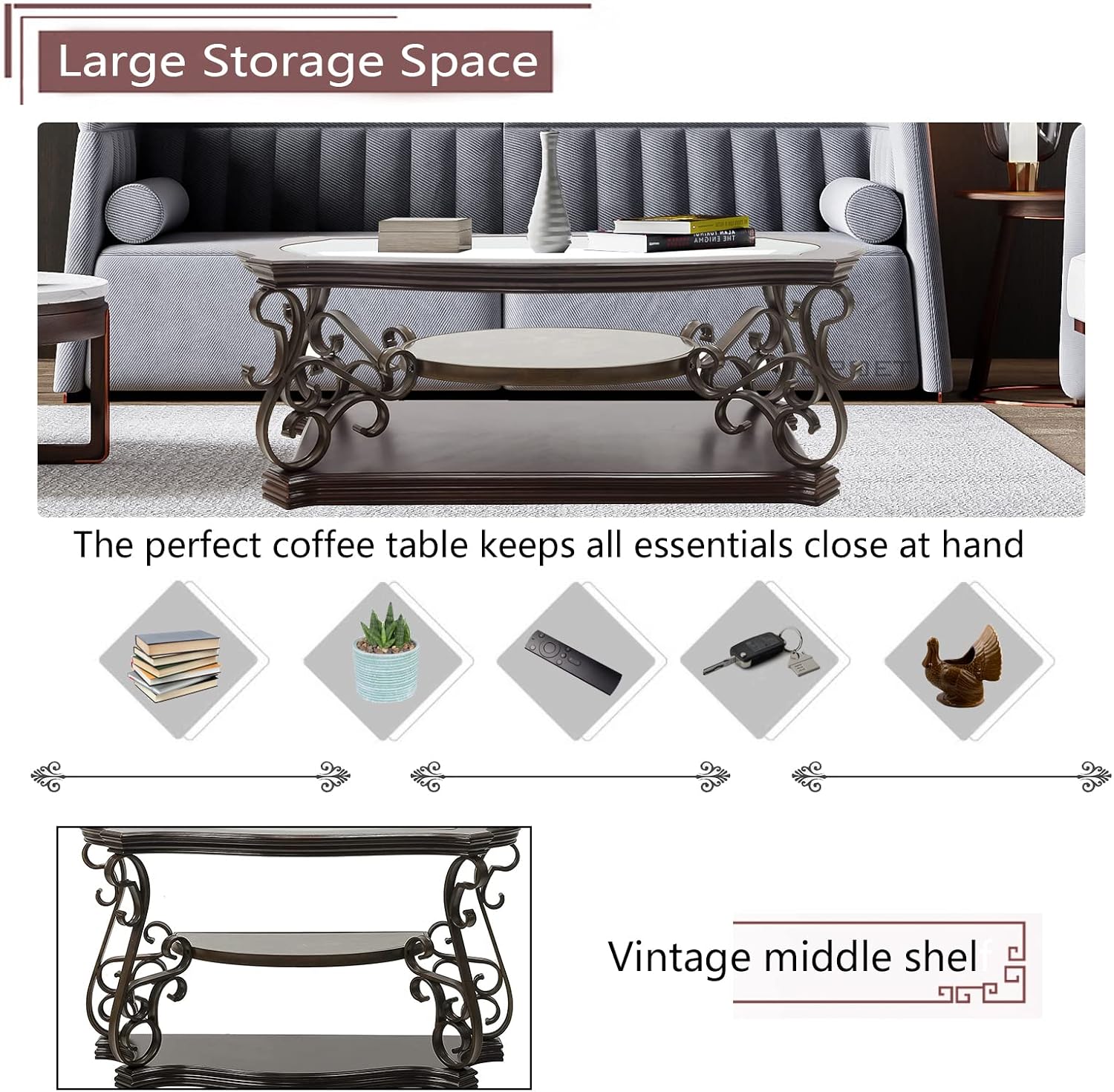 Elegant Retro Coffee Table, 3-Tier Traditional Rectangle Cocktail Table with Tempered Glass Top, Mid-Marble Shelf, Vintage Living Room Accent Sofa Table for Home Office, Easy Assembly