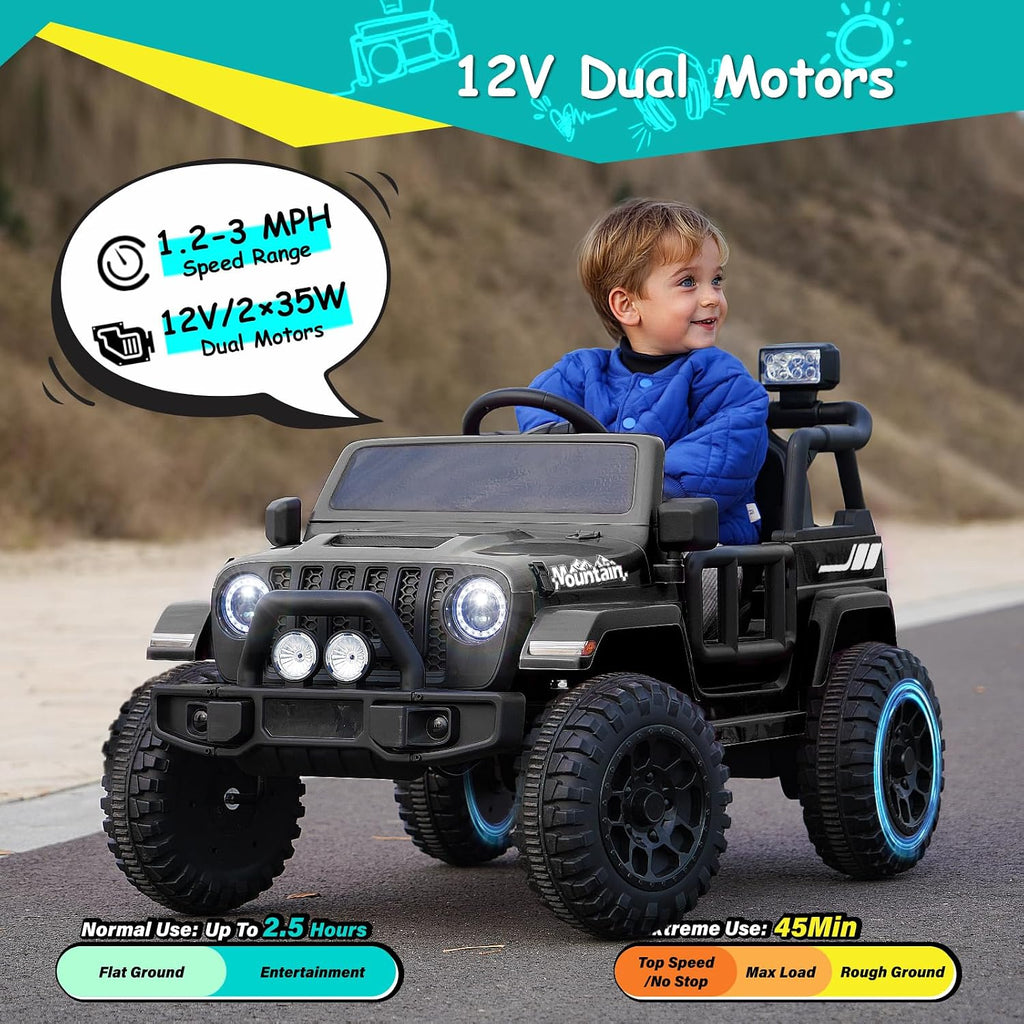 Joywhale 12V Kids Ride on Truck Battery Powered Motorized Car Electric Vehicle for Kids, with Remote Control, 4-Wheel Suspension, LED Lights, Music & FM, Seat Belt, Portable Handle, Black