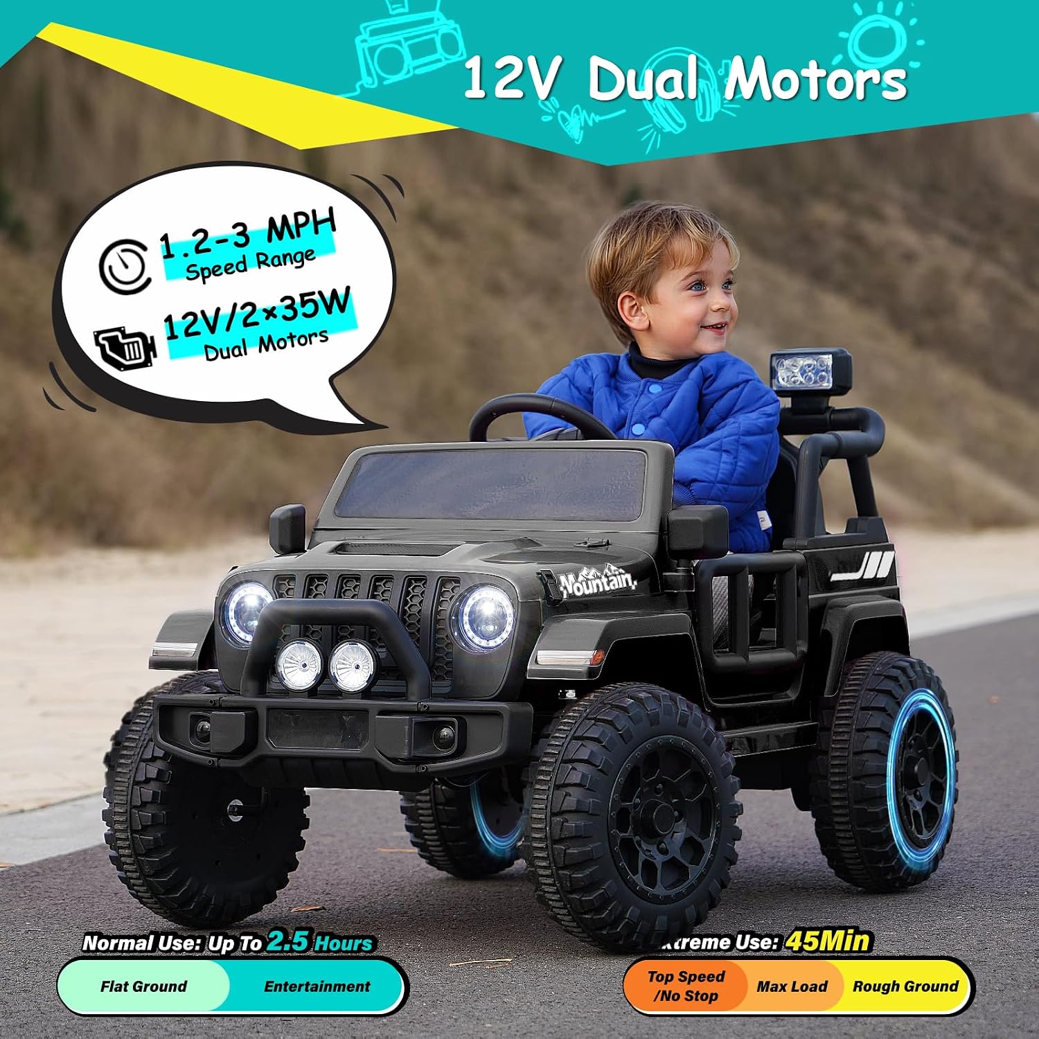 Joywhale 12V Kids Ride on Truck Battery Powered Motorized Car Electric Vehicle for Kids, with Remote Control, 4-Wheel Suspension, LED Lights, Music & FM, Seat Belt, Portable Handle, Black