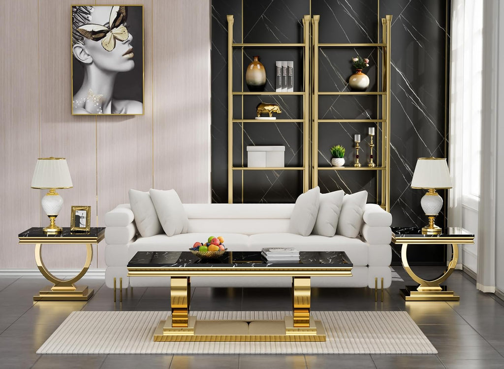 Henf 3 Piece Living Room Table Set, Faux Marble Coffee Table & 2 End Tables, Luxury Black Gold Coffee Table and End Table Set of 3 with Mirrored Stainless Steel Base for Living Room Apartment