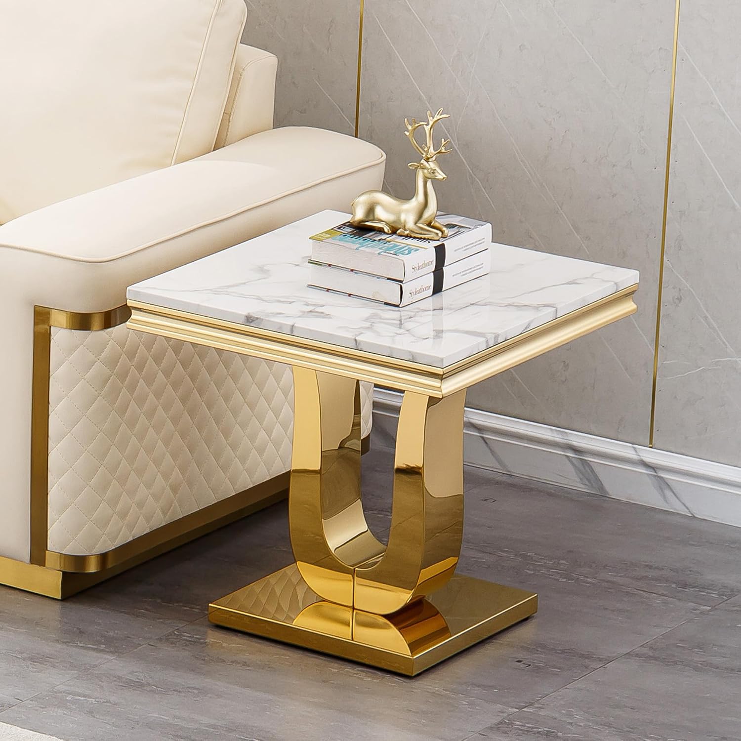 3 Pieces Living Room Table Set, Faux Marble Coffee Table Set of 3, Modern Coffee Table, Console Table and End Table with U-Shaped Stainless Steel Base for Living Room (White Gold)