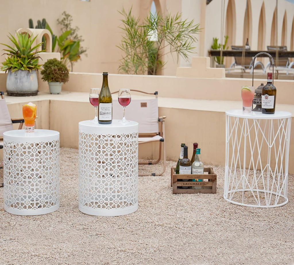 HFHOME Set of 3 Heavy-Duty Round End Table, Side Table, Coffee Table for Indoor Multifunctional Use, Outdoor Decorative Garden Stool Plant Stand-White