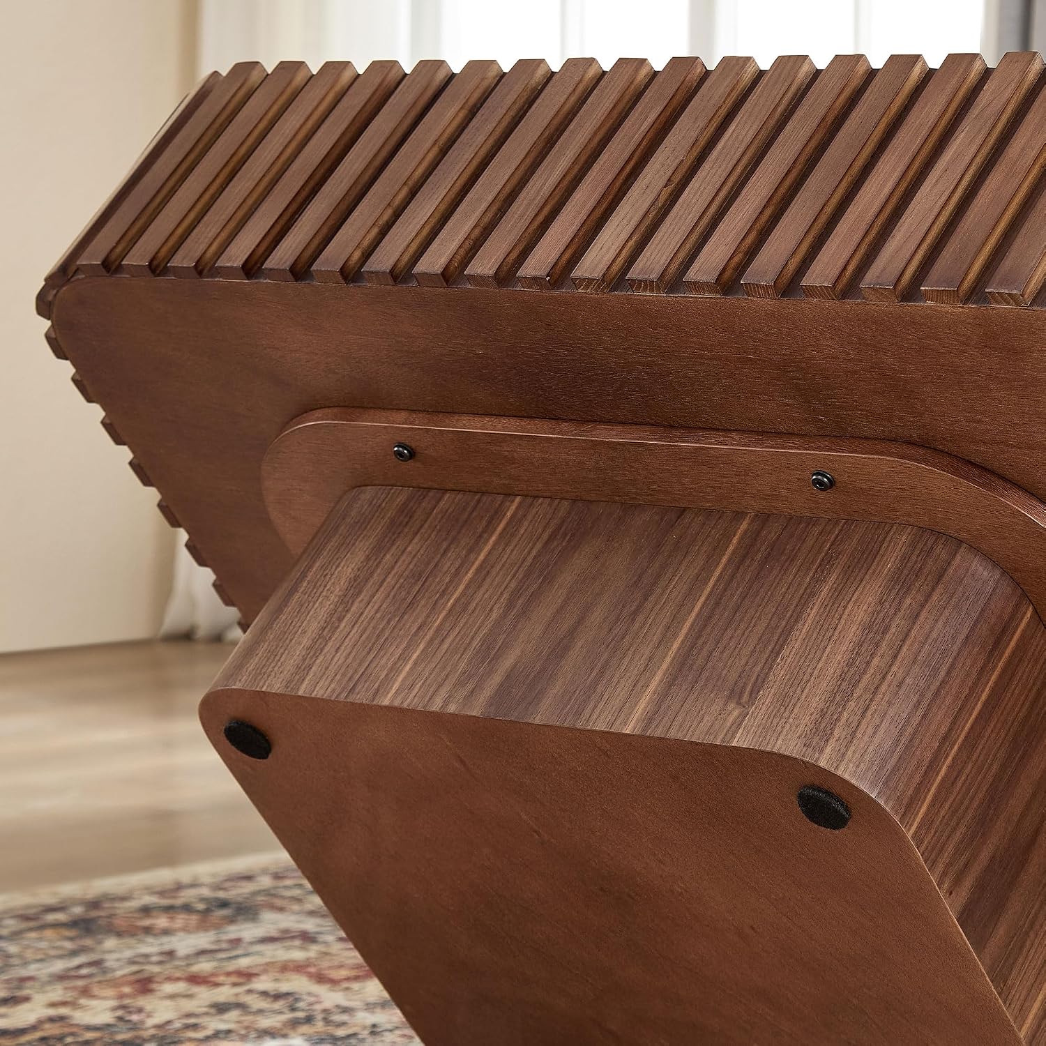 WILLIAMSPACE 35.43' Square Coffee Table with Sturdy Base, Modern Luxury Wood Drum Center Table Accent End Side Table for Living Room, Minimalist Fluted Design, Walnut