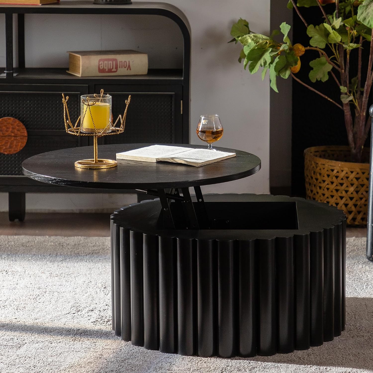 ø27.55'' Round Lift Top Coffee Table with Hidden Storage Space, Modern Drum Handcraft Wood Fluted Coffee Table for Living Room, No, Assembly, Black