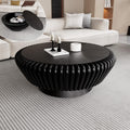 Modern Wood Fluted Round Coffee Table with Storage - Handcraft Drum Coffee Tables with Sturdy Base, Accent Center Table Small Circle Coffee Table for Living Room,Office, Apartment (Black 35.4')