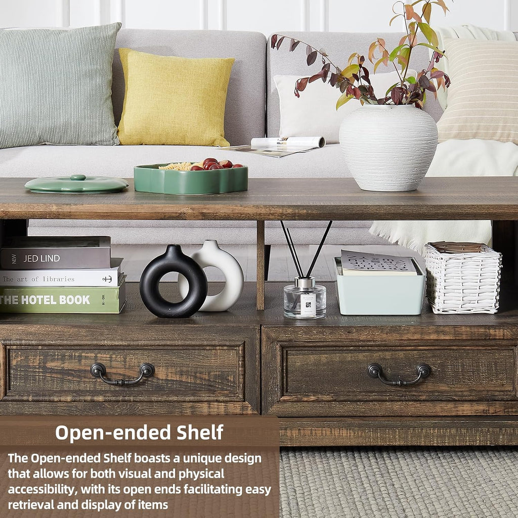 48'' Wood Coffee Table for Living Room, Farmhouse Coffee Table with Storage, Rustic Center Table for Living Room with 4 Drawers, Farmhouse & Industrial Cocktail Table for Home (Dark Rustic Oak)