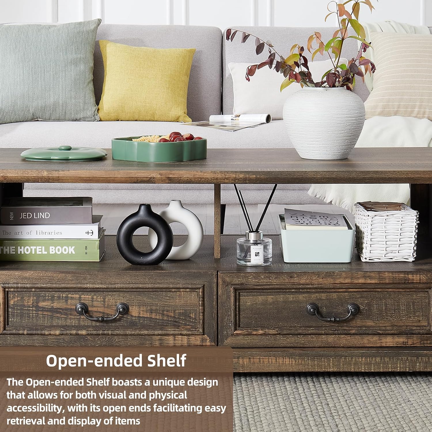 48'' Wood Coffee Table for Living Room, Farmhouse Coffee Table with Storage, Rustic Center Table for Living Room with 4 Drawers, Farmhouse & Industrial Cocktail Table for Home (Dark Rustic Oak)