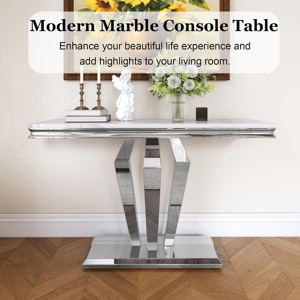 47 inch Gold Console Table, Modern Entryway Table with Diamond-Shaped Metal Base for Entrance, Hallway, Living Room (White Faux Marble & Silver)